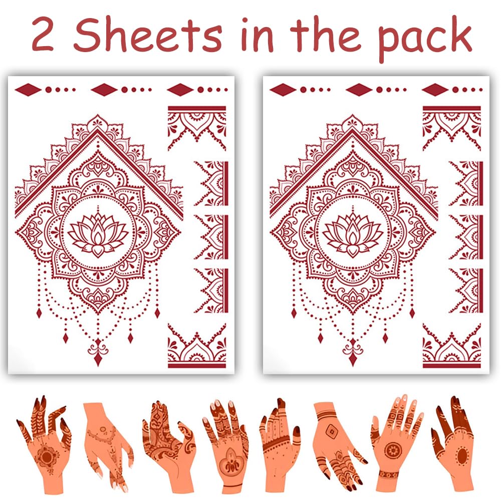 S.A.V.I 2 Sheets - Red Mehndi Style Temporary Tattoo Stickers for Women & Girls (16x12cm) | Floral Net Design | Waterproof, Safe, Non-Toxic Body Art for Hands – Easy to Apply & Remove (#64)