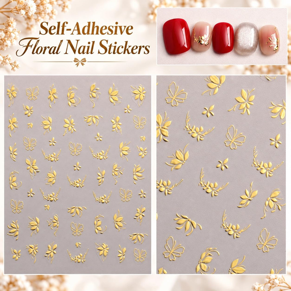 S.A.V.I 3D Floral Nail Art Stickers Metallic Gold, Set of 4 | Self Adhesive Decals, Raised Flower Designs, 8 x 10 cm Each, Easy Application, Home Salon Use