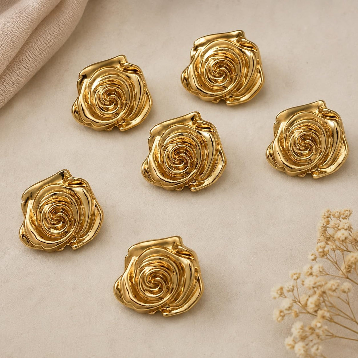 S.A.V.I Golden Rose Shank Buttons 15mm Metallic Finish Set of 6 | Sculpted Floral Design, for Kurti & Blouse, DIY Craft Use, Sewing Fasteners, Women's Wear