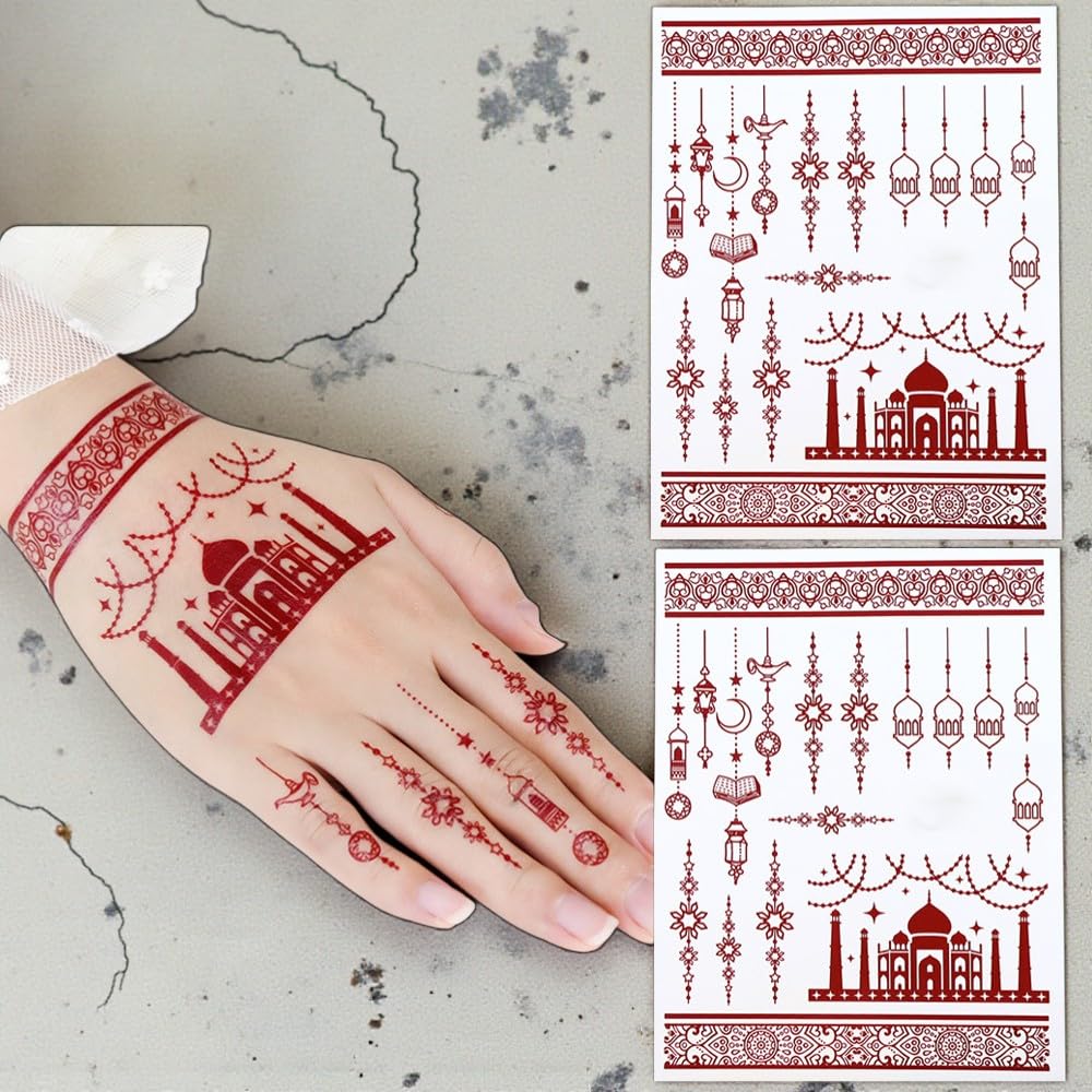 S.A.V.I 2Pcs Natural Islamic Henna Mehndi Temporary Tattoo Stickers for Women – Crescent Moon, Mosque & Mandala Design, Waterproof Skin-Safe Transfer Body Art for Eid, Nikah & Festivals (#52)