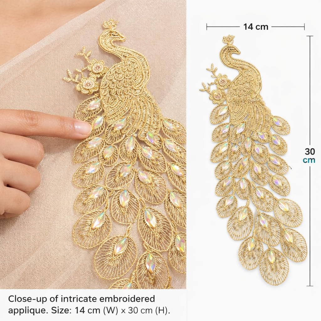 S.A.V.I Gold Peacock Embroidered Sew-On Appliqué Patch 14 x 30 cm | Zari Thread, Beads & Stone Designer Motif for Blouse, Kurti, Gown & Saree