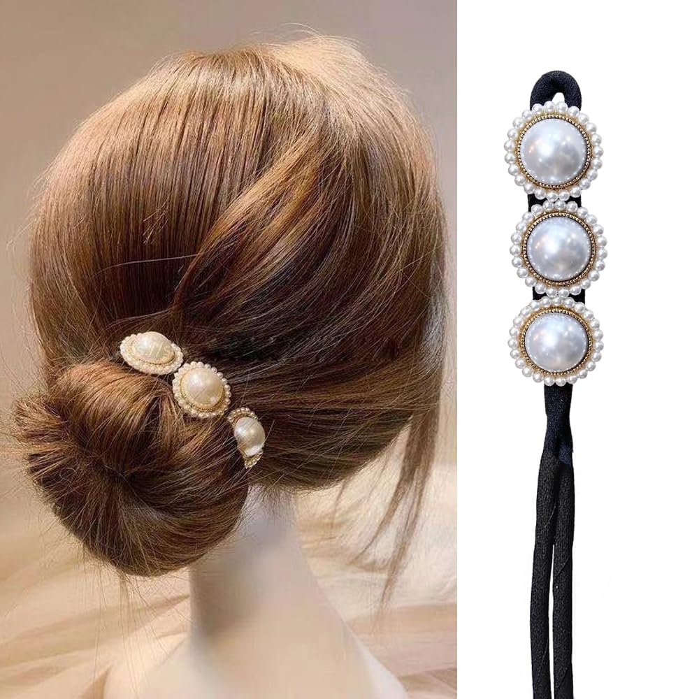 S.A.V.I Elegant Pearl Hair Curler Clip | 3-Pearl Gold Finish Design | Soft Black Band 30.5 cm for Easy Bun Styling | Hair Accessory for Women  Girls | Stylish Updos  For All Occasions
