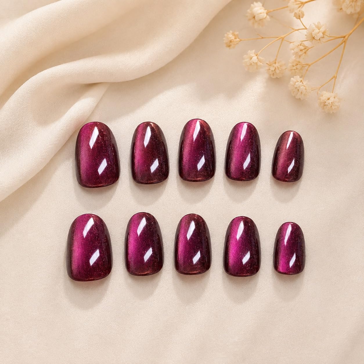 S.A.V.I Cat Eye Press on Nails Wine Burgundy Medium Round 24 Pcs