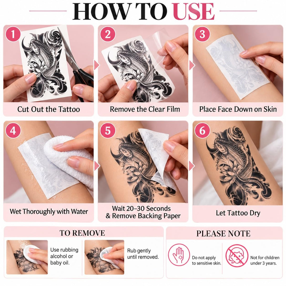 S.A.V.I Temporary Tattoo Stickers, Black Koi Fish, Samurai & Angel Wings