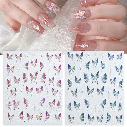 S.A.V.I 2 Sheets - 3D Butterfly Nail Art Stickers, Pink & Blue Holographic Self-Adhesive Decals, Waterproof Acrylic Decorations for Women and Girls