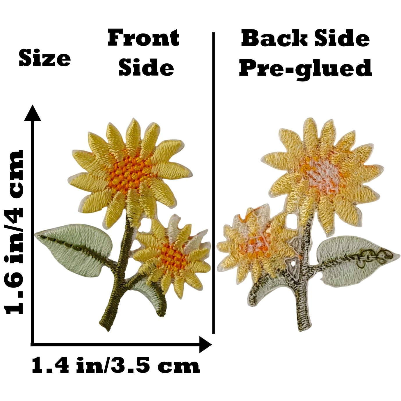 S.A.V.I 2 Pcs Sunflower Embroidered Iron On Patches Yellow & Green Floral Applique, 1.6 x 1.4 Inch Thread Fabric Patch for Jeans, T-Shirts, Bags, DIY Clothing Repair & Decor
