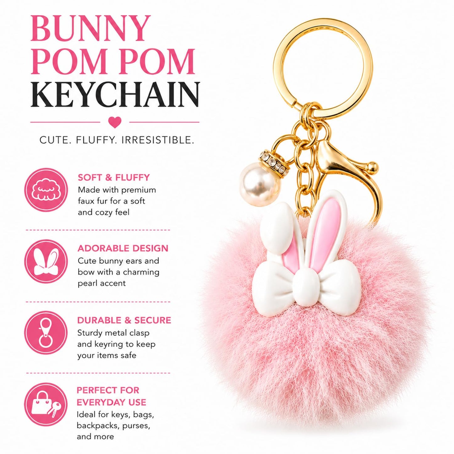 S.A.V.I Bunny Pom Pom Keychain 13 x 5 cm for Women & Girls, Fur Bag Charm, Soft Faux Fur, Pearl Accent, Gold-Tone Clasp, Pink, Kawaii Gift for Purse, Backpack & Car Keys, Lightweight Accessory