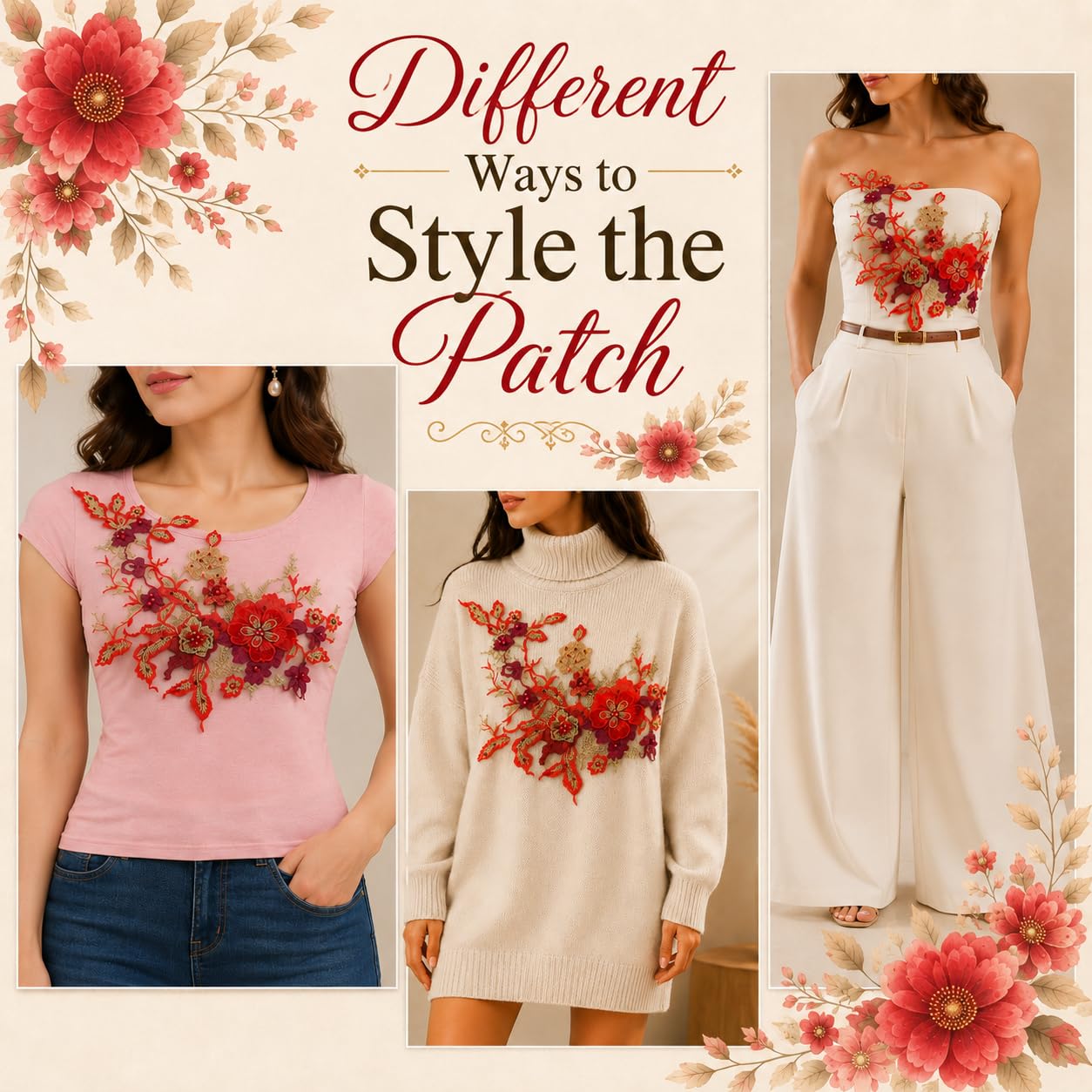 S.A.V.I Floral Embroidery Patch Sew-On Applique Red & Gold DIY|36 x 25 cm Mesh Lace Motif for Dresses, Kurtas, Blouses & Tops, Hand Stitch Embellishment for Women