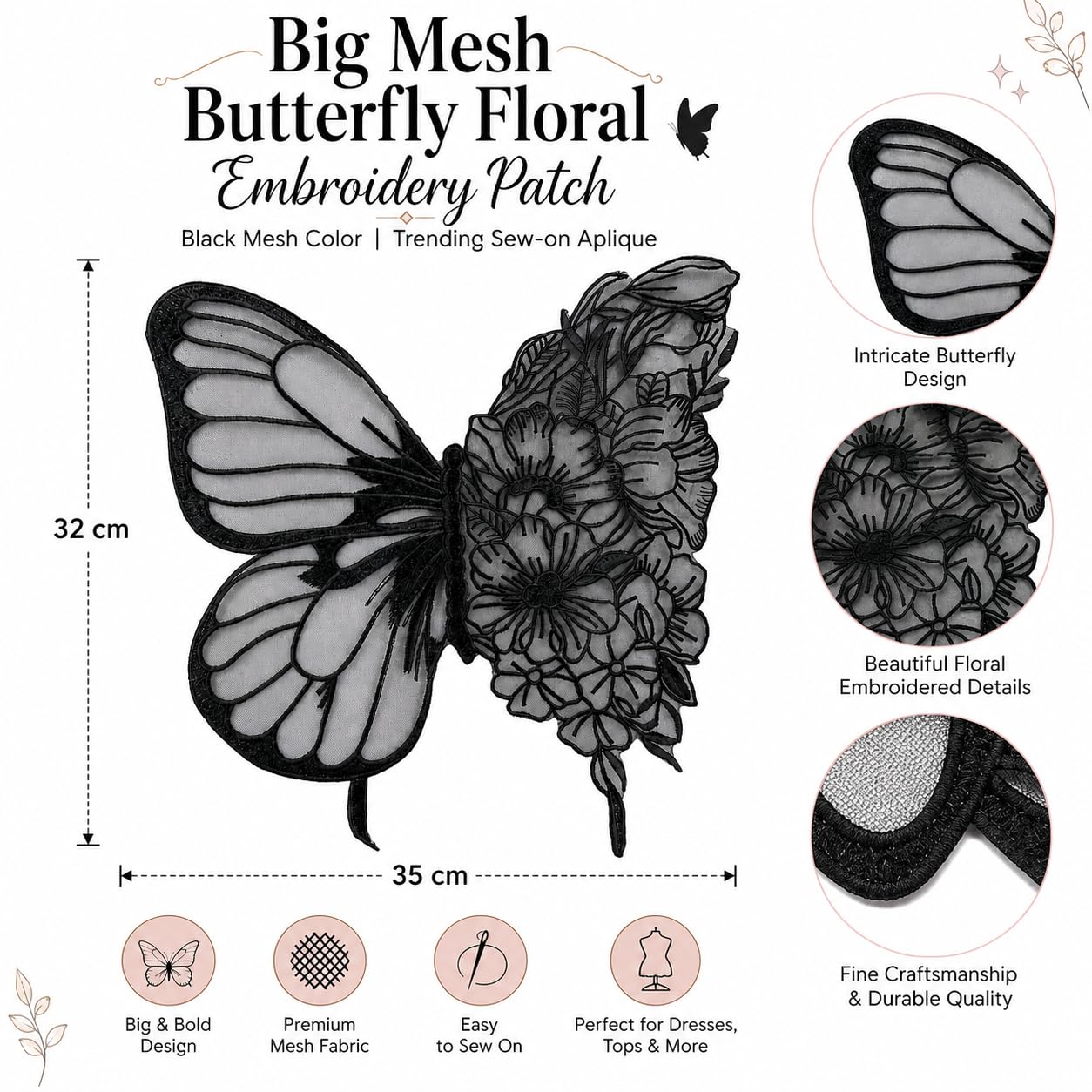 S.A.V.I Butterfly Floral Embroidery Sew-On Patch Black Mesh 35x32cm|Floral Lace Motif for Dresses, Blouses & Gowns, Premium Fabric, DIY Clothing Repair & Customization, Women Craft Accessory