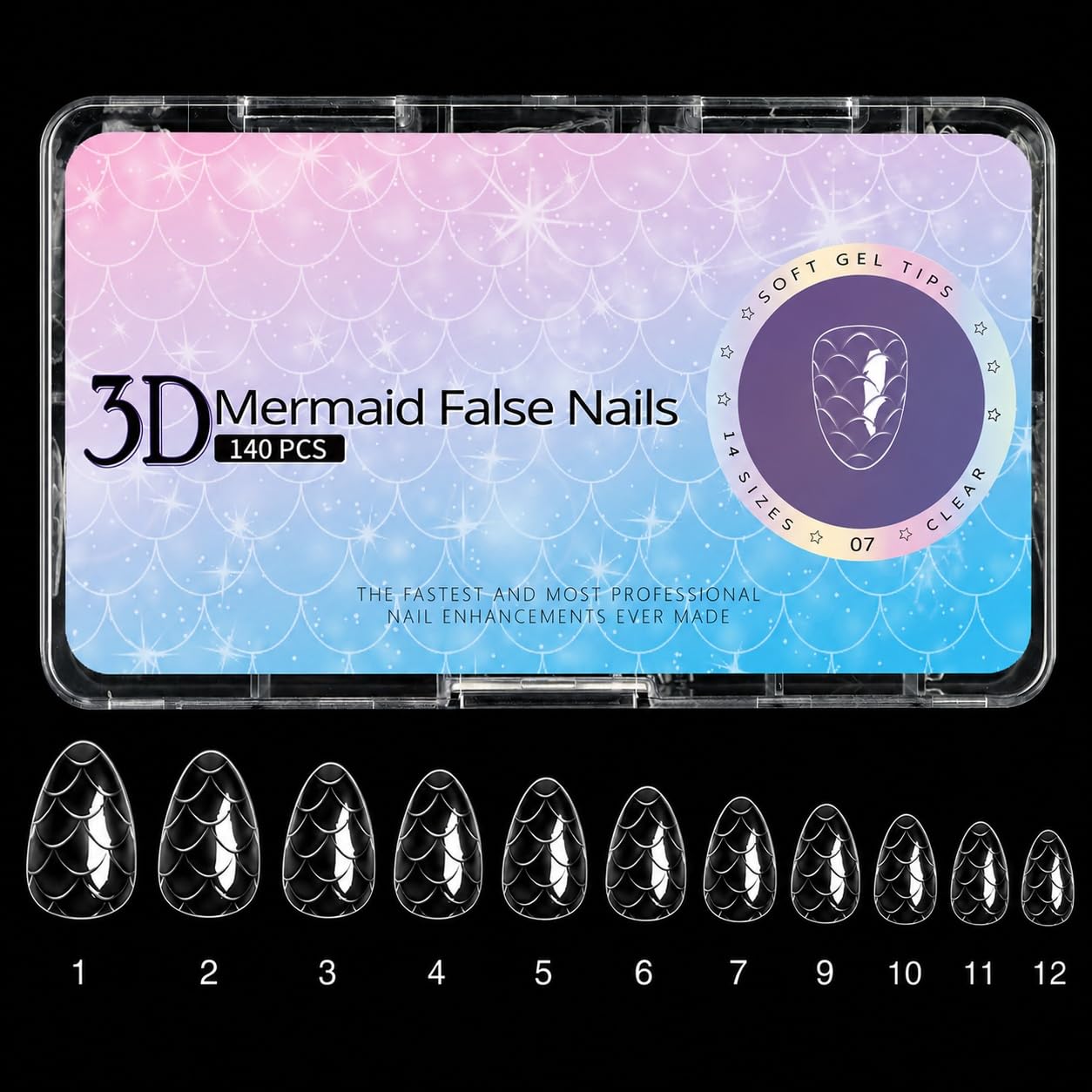 S.A.V.I 3D Mermaid False Nails 140 Pcs Clear Soft Gel Tips | Short Almond Shape, 12 Sizes, Lightweight & Comfortable, Easy to Apply & Remove, DIY Manicure