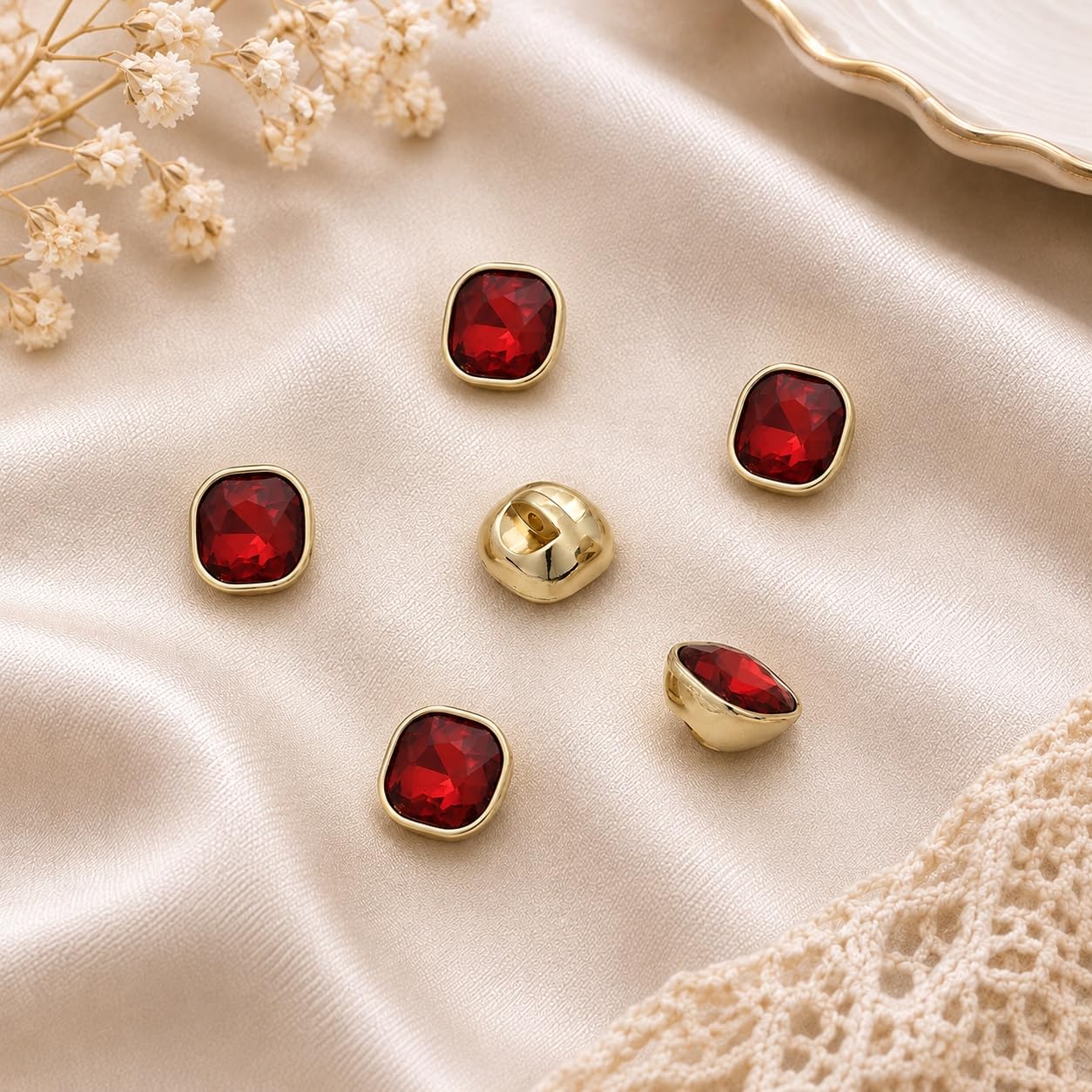 S.A.V.I Crystal Buttons for Kurti Blouse Ruby Red 12mm Set of 6 | Resin Shank Fasteners, Gold-Tone Rim, Ethnic Wear, Sewing Crafts, Dresses