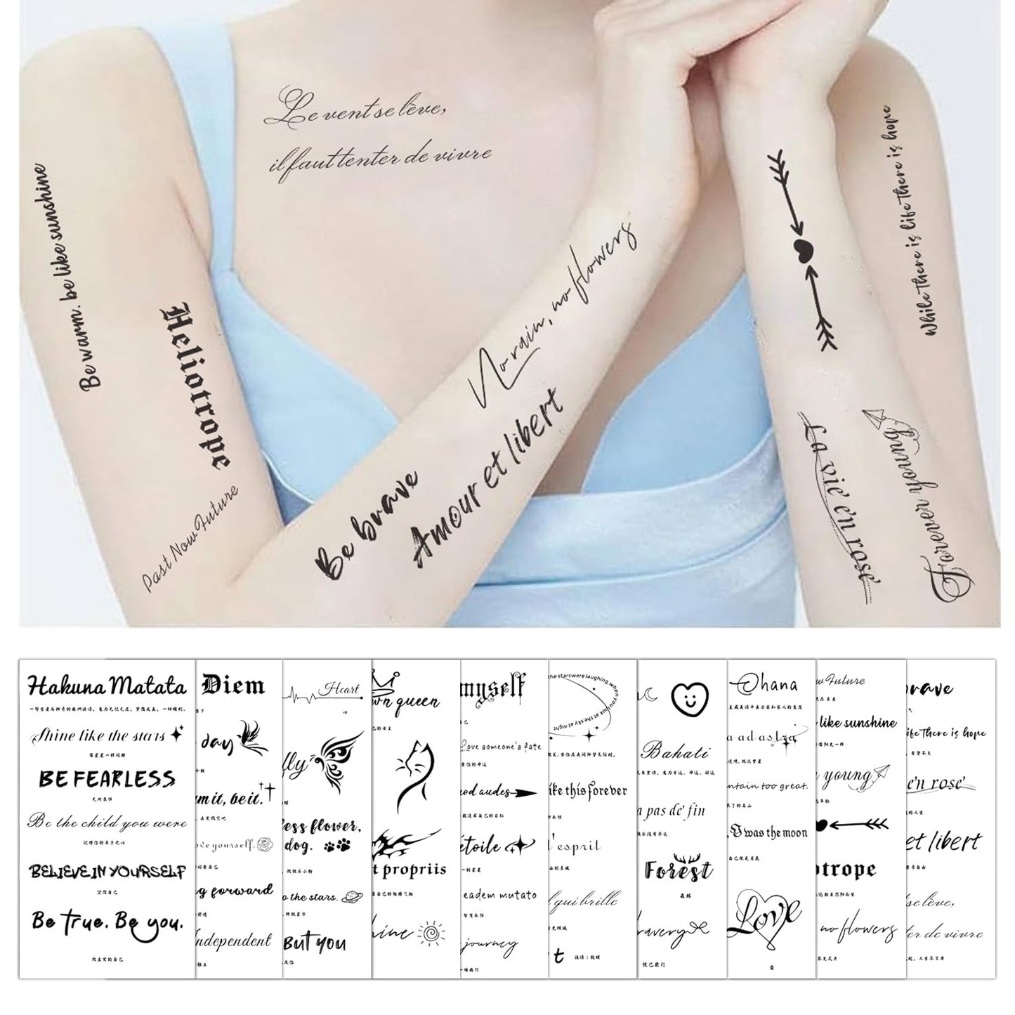 S.A.V.I 10 Sheets Temporary Tattoo Stickers for Kids & Adults | Black Motivational Quotes | Waterproof, Safe & Non-Toxic | Easy to Apply & Remove Body Art for Arm, Wrist, Face – 12x6.8cm