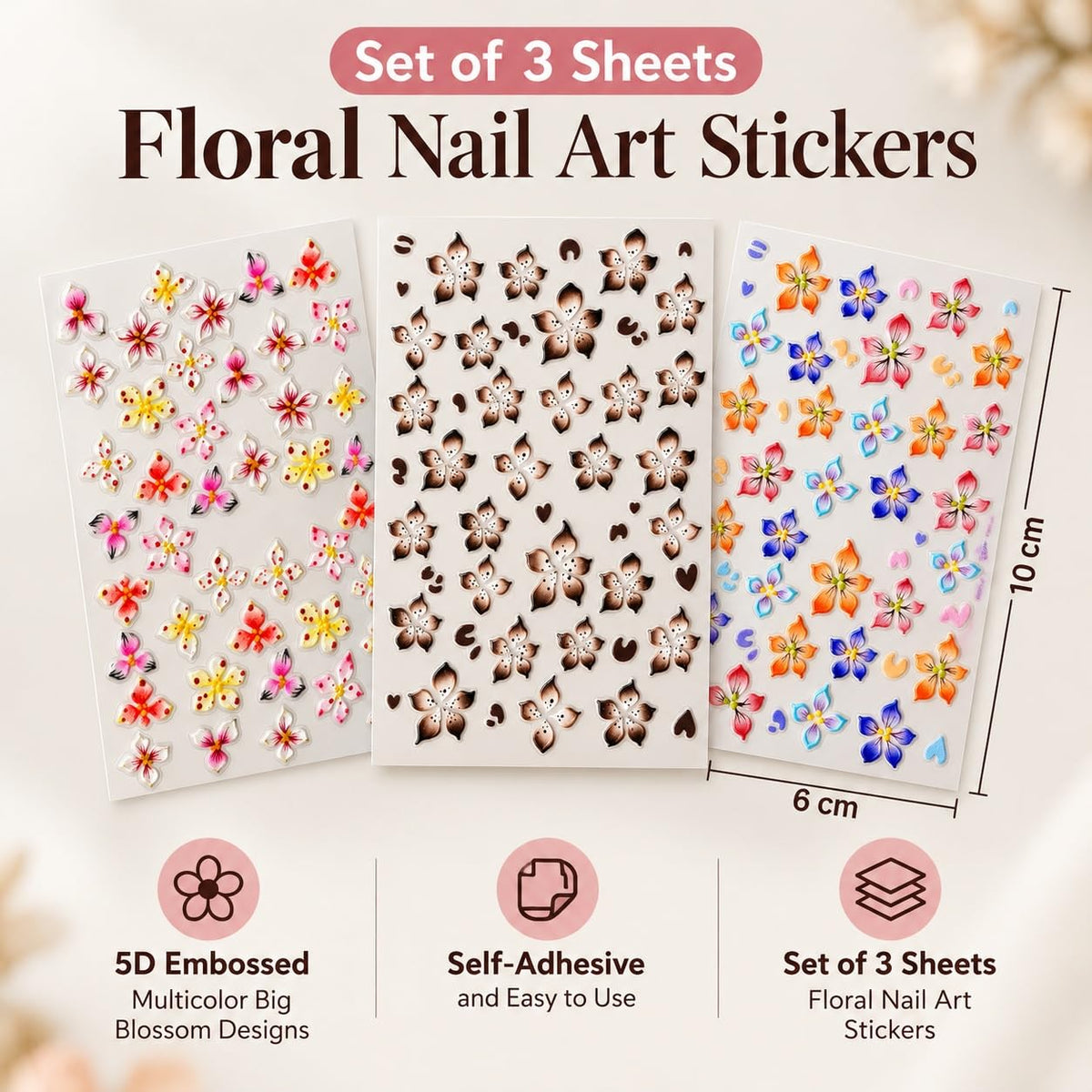 S.A.V.I 5D Floral Nail Art Stickers Self Adhesive Multicolour, 3 Sheets | Embossed Blossom Decals, 6 x 10 cm, Easy Peel & Stick, DIY Manicure, Salon or Home Use
