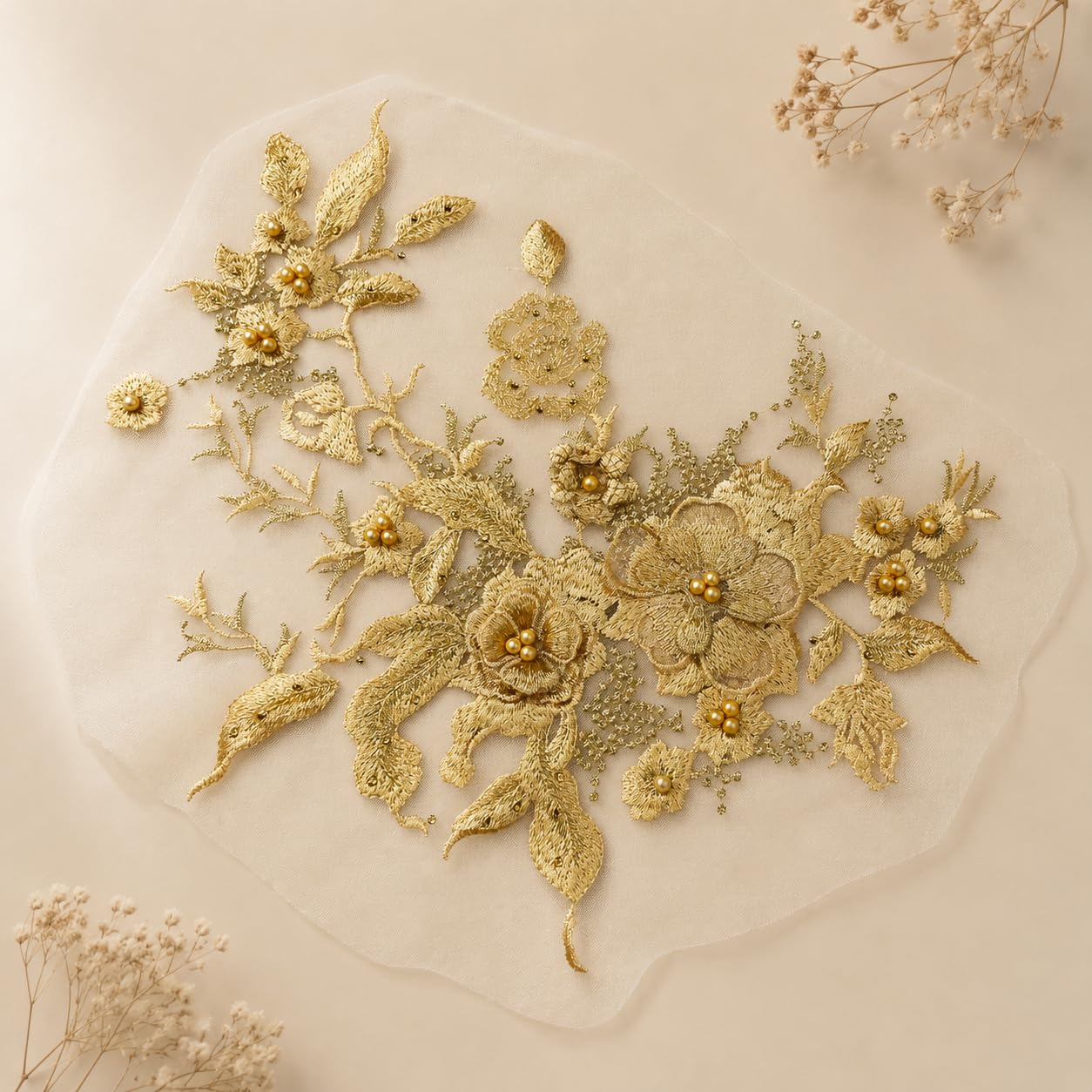 S.A.V.I Gold Floral Embroidery Patch Sew-On Applique 36x25 cm|DIY Lace Motif for Dresses, Blouses, Kurtas & Gowns, Mesh Base with Pearl Accents, Elegant Craft Embellishment, 1 Pc