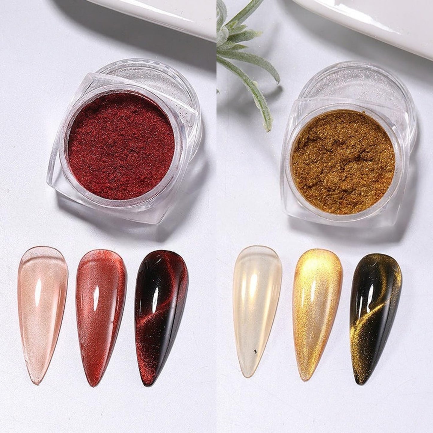 S.A.V.I Cat Eye Nail Powder Magnetic Glitter Set Gold & Red 5g | 2 Jars, DIY Gel Polish Pigment, 3D Effect, Salon & Home Use, 3x3x1cm Pots