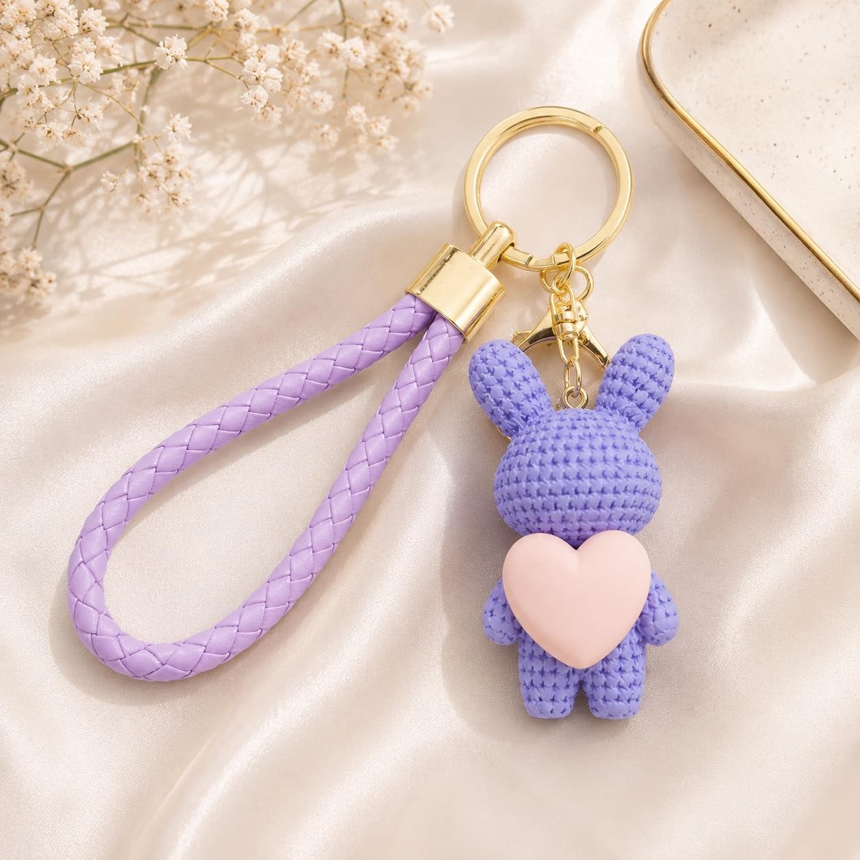 S.A.V.I Bunny Keychain Resin Bag Charm Purple with Heart Pendant | Braided Wrist Strap, Gold Bell Accent, 7 cm Pendant, for Backpacks & Handbags, for Women & Girls