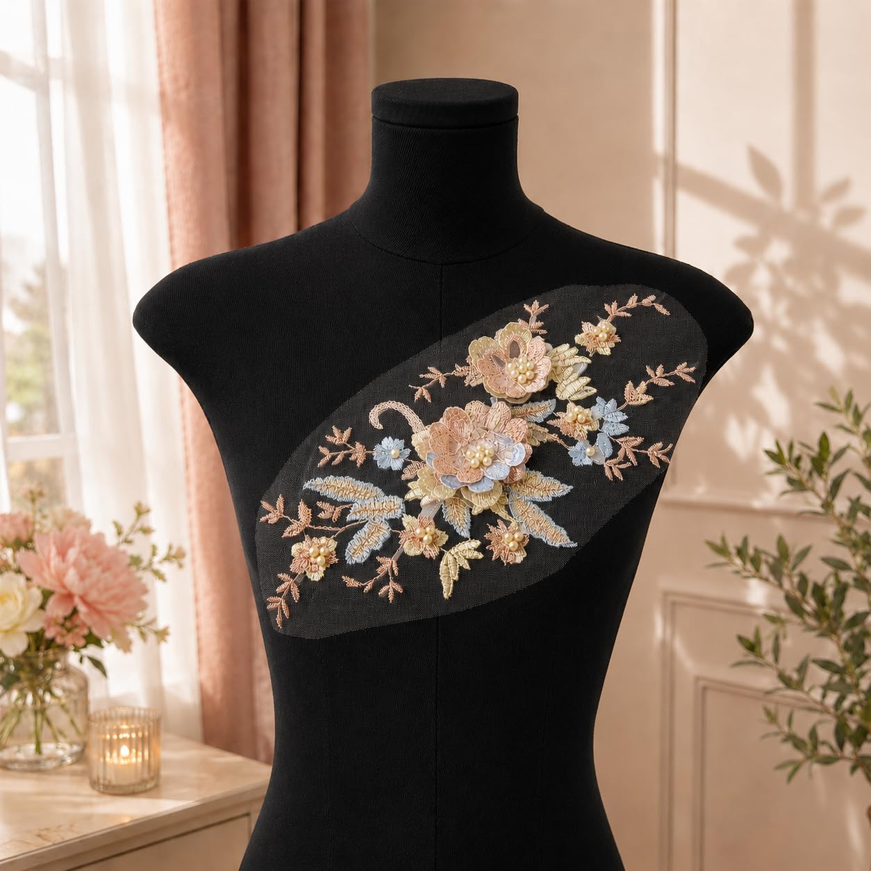 S.A.V.I Floral Embroidery Patch, Sew-On Applique 3D Pearl (Blue Coffee)|Blue & Coffee Mesh Lace Motif, 29 x 14 cm, Decorative Embellishment for Kurtas, Sarees, Blouses, Jeans & DIY Craft Repair