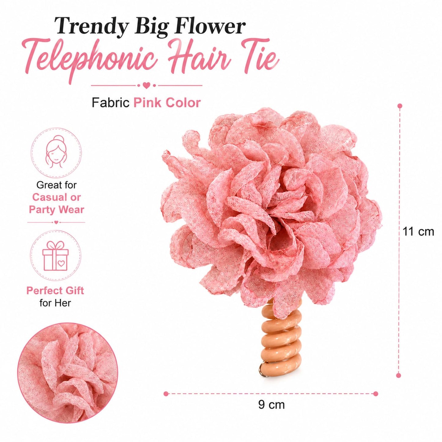 S.A.V.I Big Flower Telephonic Hair Tie for Women, Pink, Soft Fabric Bloom Accessory, 11 cm Oversized Design for Casual, Party, Gifting & Comfortable All-Day Hold