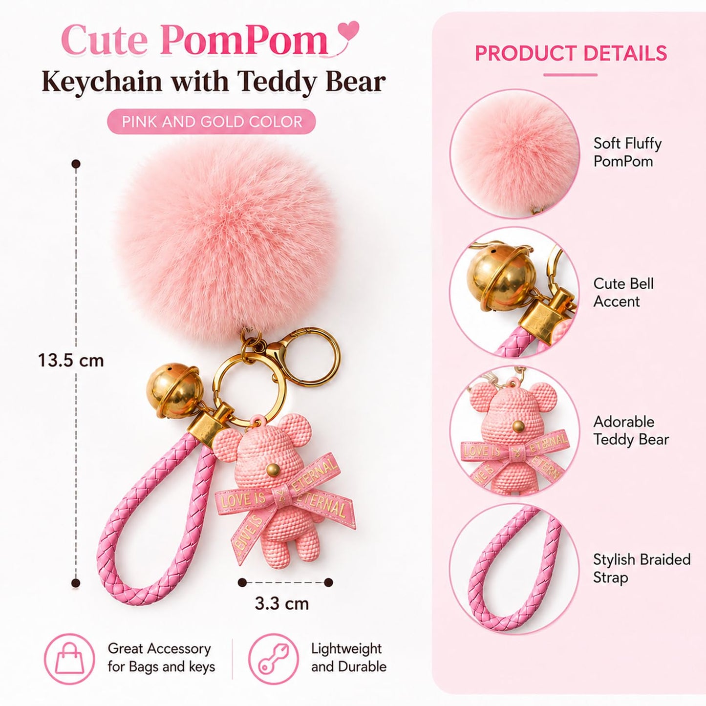S.A.V.I Teddy Bear Pom Pom Keychain for Women & Girls, Pink Bag Charm, Soft Faux Fur, Braided Strap, Gold-Tone Bell, 13.5 Cm Cute Accessory For Keys, Handbags, Backpacks & Gifting
