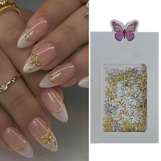 S.A.V.I 3D Metal Bow Knot Nail Charms (80 Pcs) | Gold & Silver Mini Bow Design 8×10 mm | Premium Alloy Nail Art Accessories for Acrylic, Gel & DIY Nail Decoration