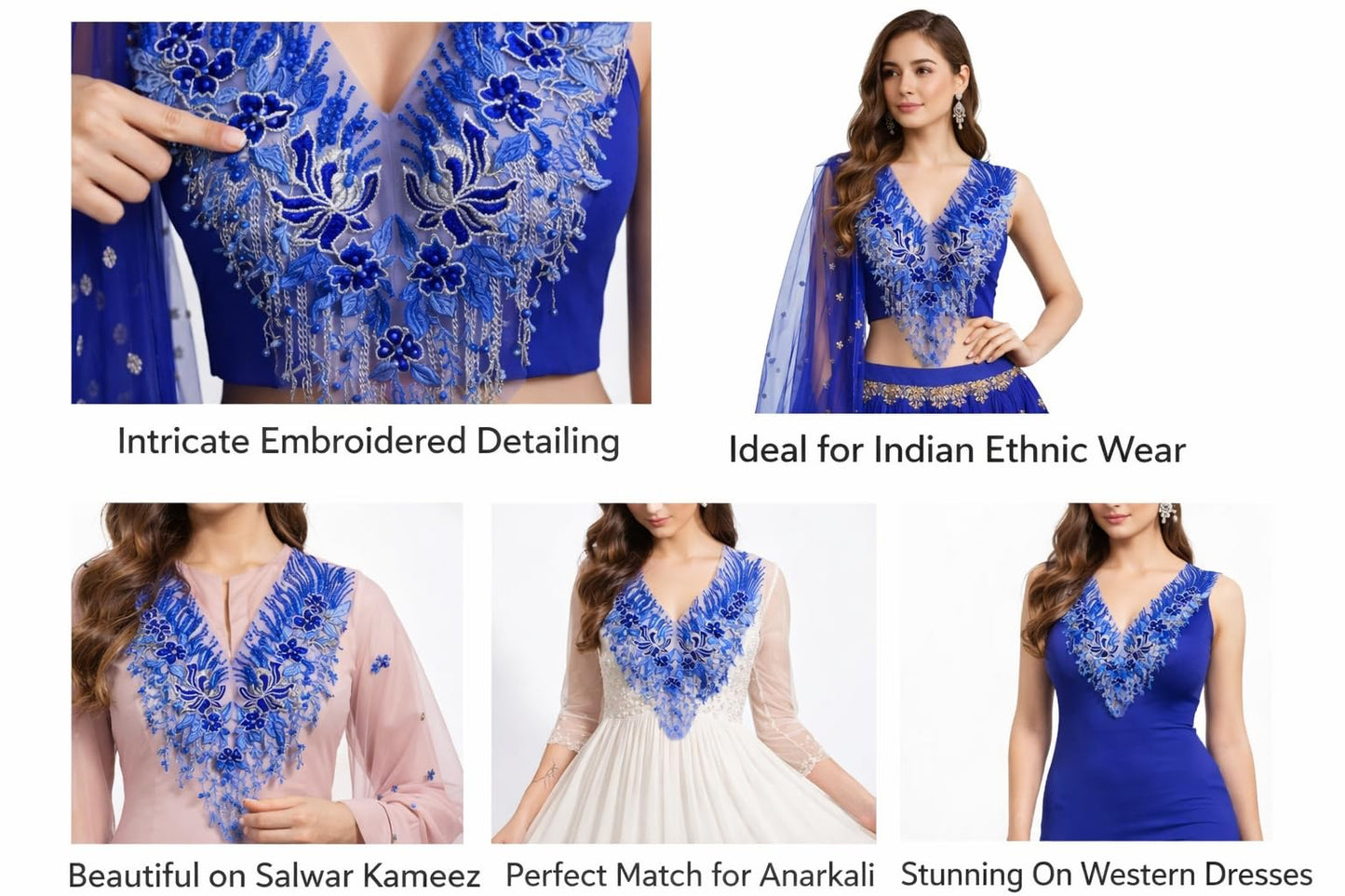 S.A.V.I Royal Blue Floral Appliqué Patch 28 x 55 cm | V Neck Triangle Design | Net Mesh Beaded Lace Motif for Blouse, Lehenga Choli, Anarkali & Gown (Royal Blue)