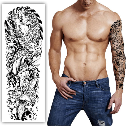 S.A.V.I Full Arm Temporary Tattoo for Men - Black Dragon  Phoenix Design, 48x17 cm, Waterproof, Long-Lasting Body Art Sticker - Easy to Apply  Remove, Perfect for Parties, Festivals, Events