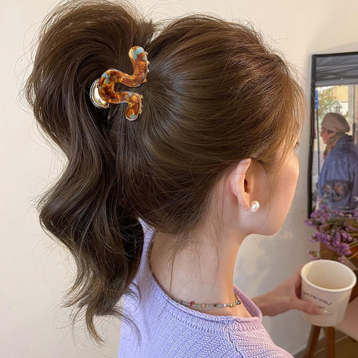 S.A.V.I Brown & Gold Tortoiseshell Acrylic Hair Claw Clip 6 cm, S-Shape Strong Grip Clutcher for Women, Half Up Ponytail Styling Accessory, Durable Stylish Use Everyday