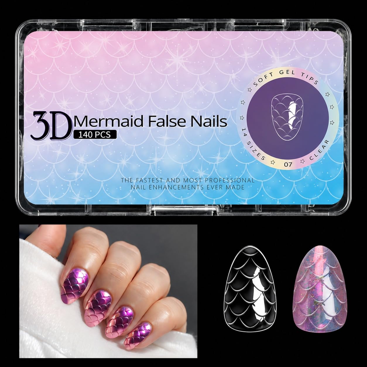 S.A.V.I 3D Mermaid False Nails 140 Pcs Clear Soft Gel Tips | Short Almond Shape, 12 Sizes, Lightweight & Comfortable, Easy to Apply & Remove, DIY Manicure