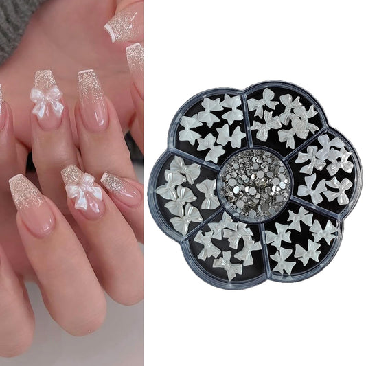S.A.V.I 3D White Bowknot Nail Art Charms Set – 30 Pcs Glossy Resin Acrylic Bows with Flat-Back Rhinestones, Mixed Designs, Round 7-Section Storage Box (8.3 cm)