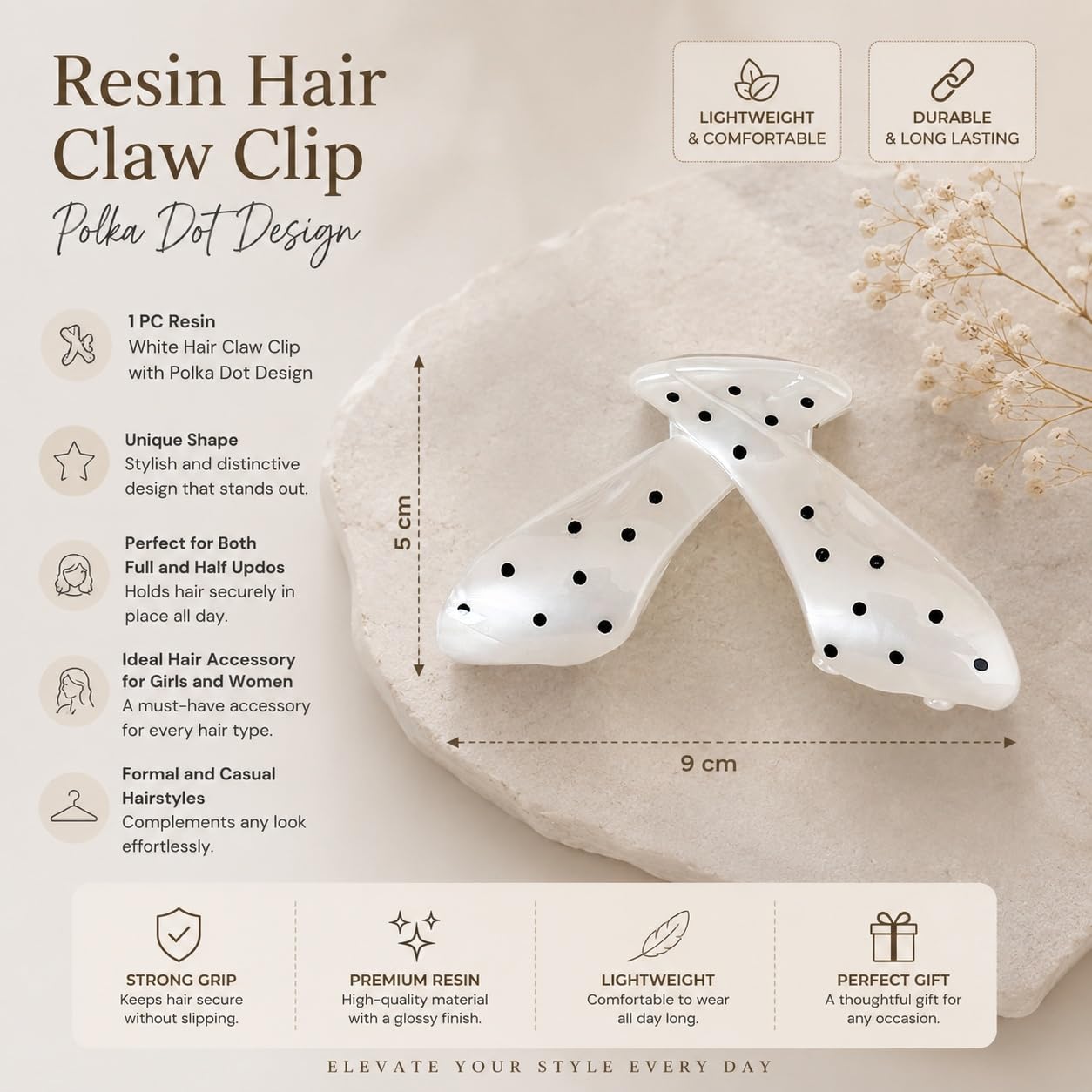 S.A.V.I Resin Hair Claw Clip White Polka Dot Bow 9 cm | Glossy Finish, Secure Hold, Thick & Thin Strands, Half & Full Updos, Lightweight