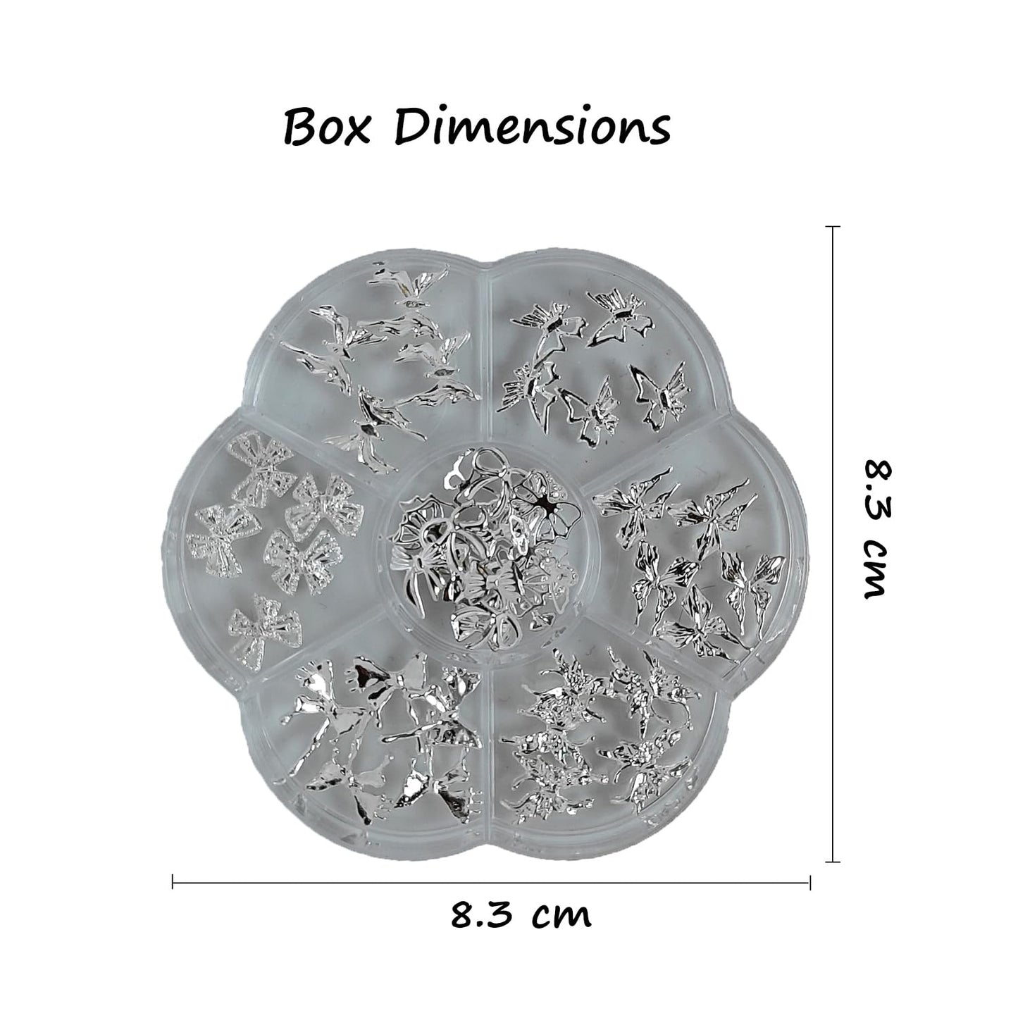 S.A.V.I Silver Metal 3D Nail Art Charms Set (60 Pcs) with Fairy, Butterfly & Bow Designs | DIY Decorations for Gel & Acrylic Nails | Flower Shape Round Storage Box 8.3 cm