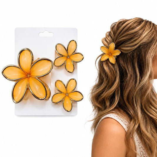 S.A.V.I Floral Hair Claw Clips in Light Orange, Set of 3 | 1 Large + 2 Small, Resin Finish, Strong Grip, All Hair Types, Party & Casual Wear
