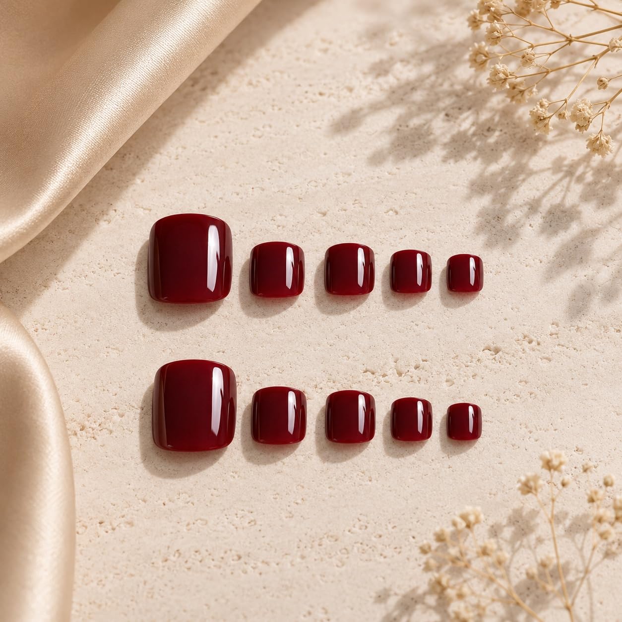 S.A.V.I Burgundy Press on Toenails Short Square Shape 24 Pcs | Natural Design with Glue & Adhesive Tabs Included, Reusable Full Cover Pedicure Tips for Women, DIY Nail Art