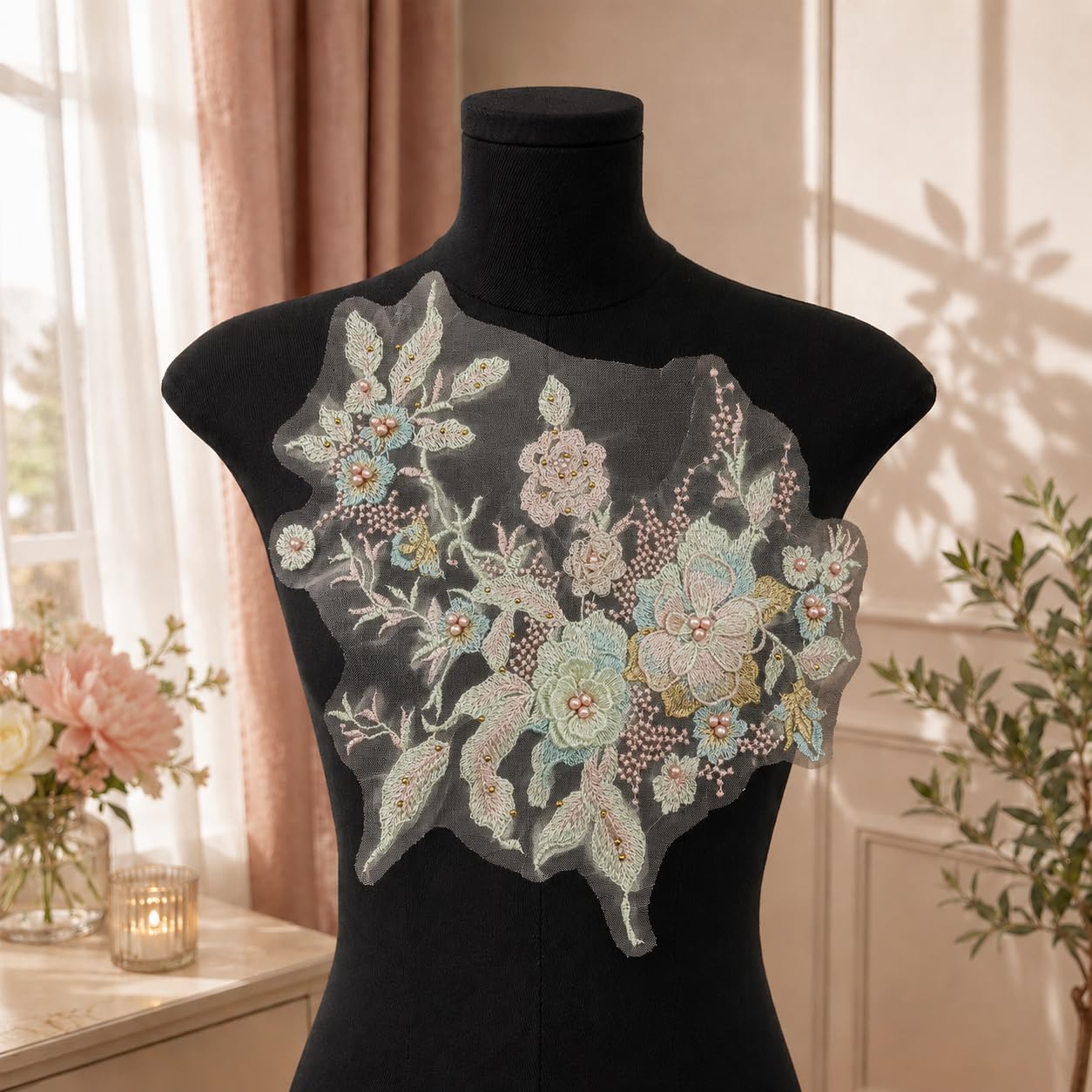 S.A.V.I Big Floral Embroidery Patch Sew-On Applique 36x25 cm|Beige & Pink Mesh Design, DIY Craft Embellishment, For Saree Blouse & Kurta, Hand or Machine Stitch, 1 Pc