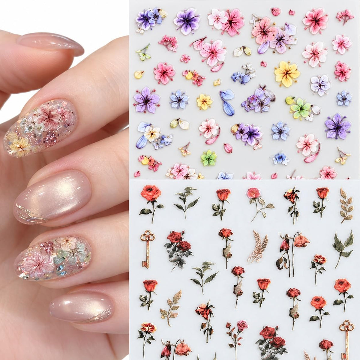 S.A.V.I 3D Floral Nail Art Stickers Self Adhesive Rose Decals | 2 Sheets, 7 x 9 cm, Multicolor Designs, DIY Manicure, Women & Girls