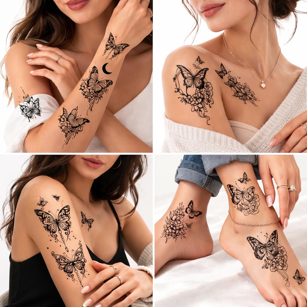 S.A.V.I Black Butterfly Floral Temporary Tattoo Stickers for Women & Girls, 10 Sheets 12x6.8 cm Large Waterproof Non-Toxic Body Art for Arm Wrist Shoulder Ankle Festival Party (#326)