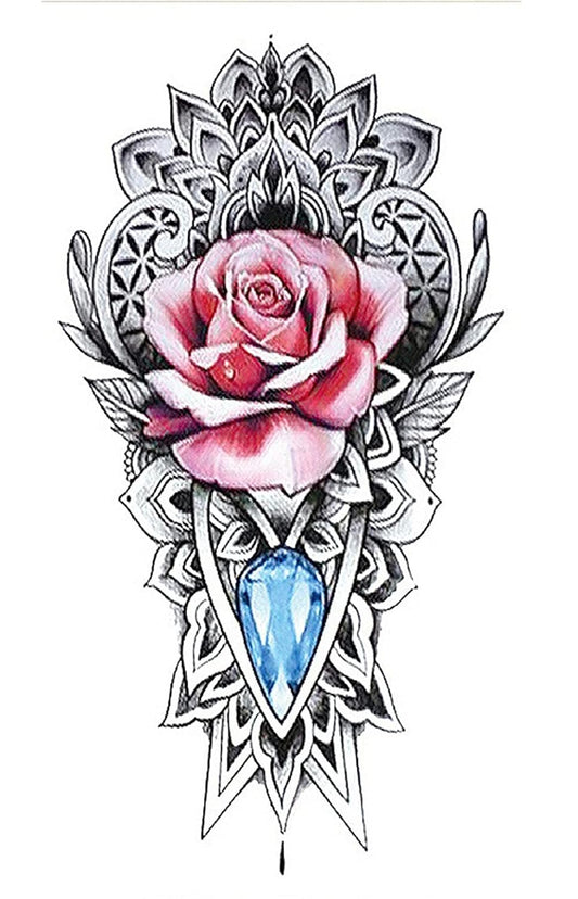 S.A.V.I Temporary Tattoo Stickers, Pink Rose Blue Diamond Pattern For Men, Women Size 21x11cm - 1Pc.