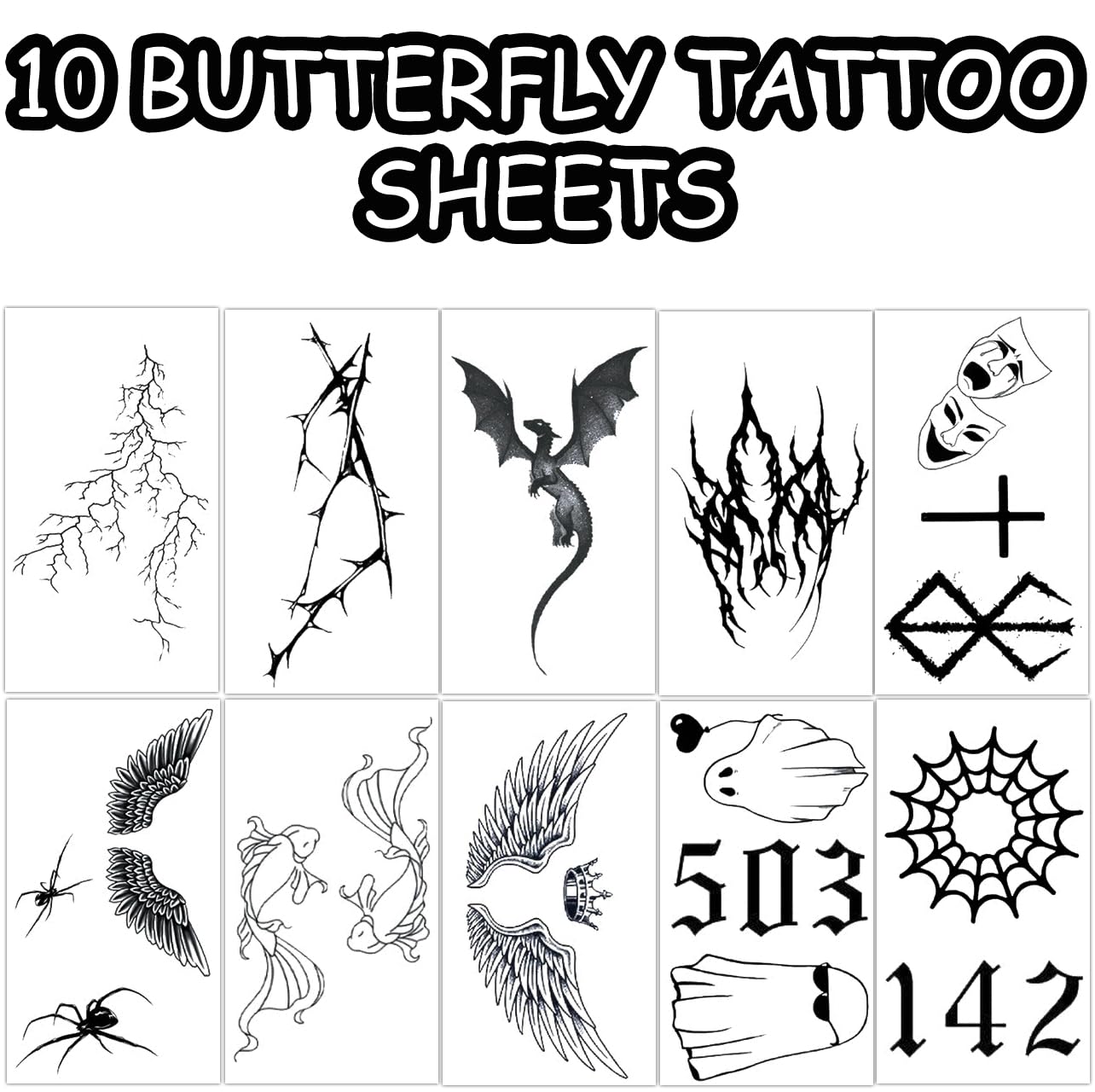 S.A.V.I 10 Sheets Black Temporary Tattoo Stickers for Men & Women – Waterproof, Non-Toxic, Easy to Apply & Remove Body Art – Dragon, Wings, Spider, Ghost Designs (12x6.8cm Each)