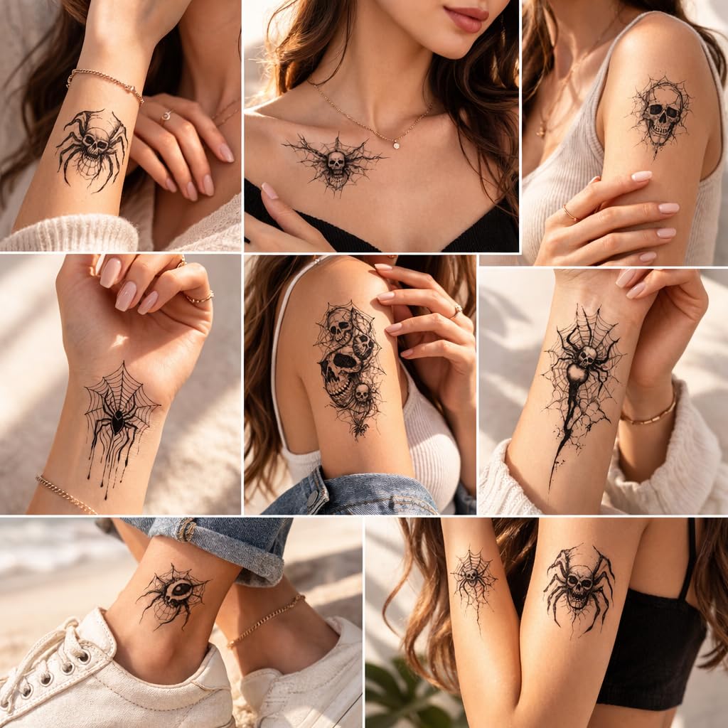 S.A.V.I 30 Sheets Black Spider & Skull Temporary Tattoos (5.7 x 9.7 cm) – Gothic Web, Evil Eye, Horror Body Art Stickers – Waterproof, Non-Toxic Fake Tattoo for Men Women, Wrist Arm Ankle (#317)