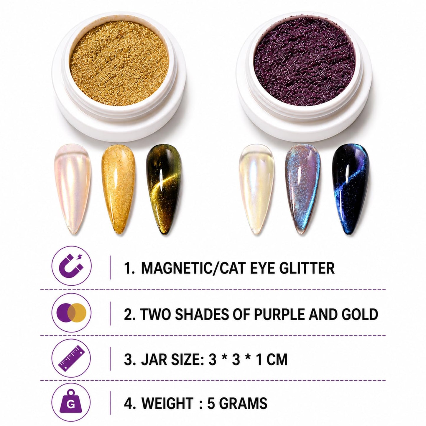 S.A.V.I Cat Eye Magnetic Nail Glitter Powder Gold & Purple 5g | Dual Shade Pigment, Shimmer Finish, 3x3x1 cm Jar, for Gel Polish & UV LED, DIY Manicure