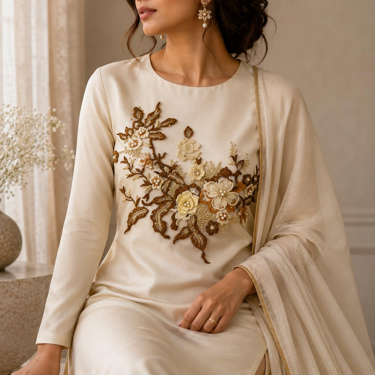 S.A.V.I Floral Embroidery Patch Sew-On Applique for Dresses|Brown Beige Gold, 36 x 25 cm DIY Lace Motif for Kurtas, Blouses, Sarees, Gowns, Costumes & Craft Customization