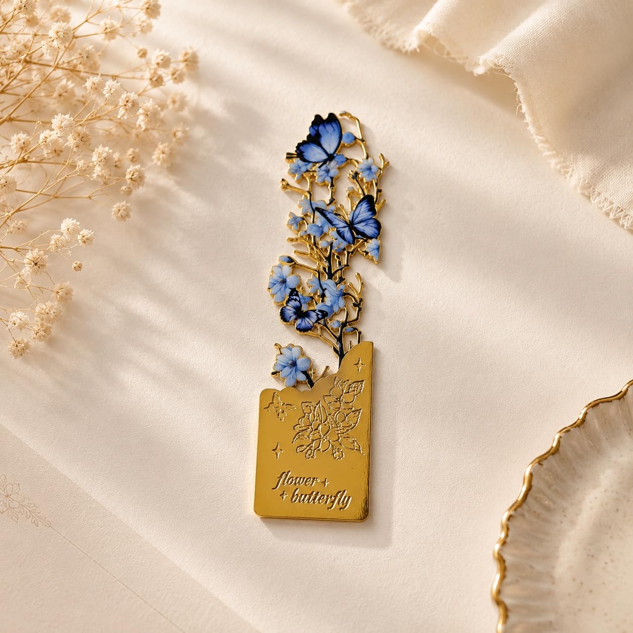 S.A.V.I Metal Bookmark Blue Gold Butterfly Flower Design 10x3 cm | Brass-Tone Finish, Durable Construction, For Students & Teachers, Decorative Cutwork, Reading Accessory