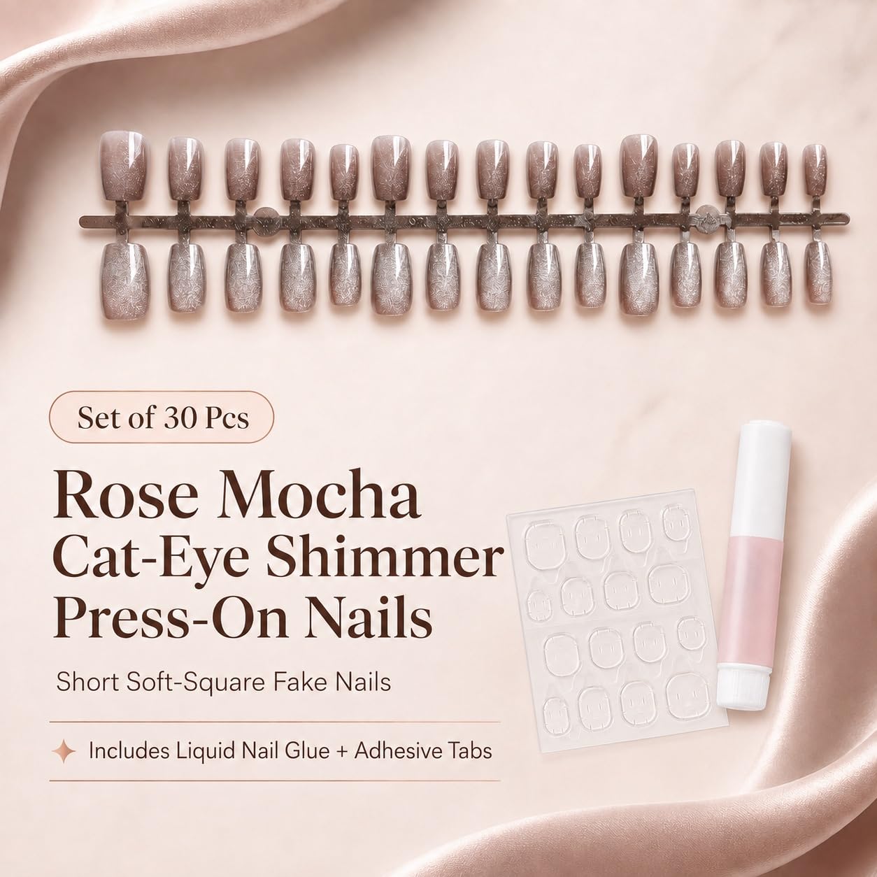 S.A.V.I Cat Eye Shimmer Press on Nails Rose Mocha Short Square