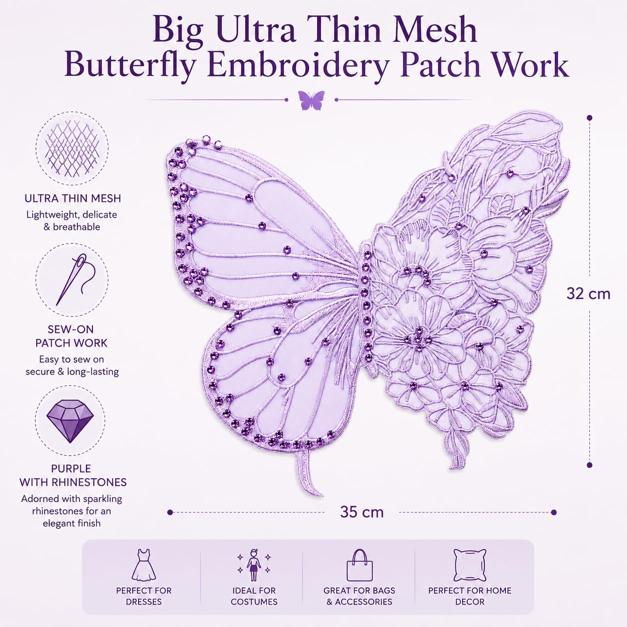 S.A.V.I Butterfly Embroidery Patch Sew-On Rhinestones Applique Purple Mesh|Ultra Thin 35x32 cm Floral Lace Design for Kaftan, Dress, Blouse & Tops, Lightweight Decorative Craft Embellishment for Women