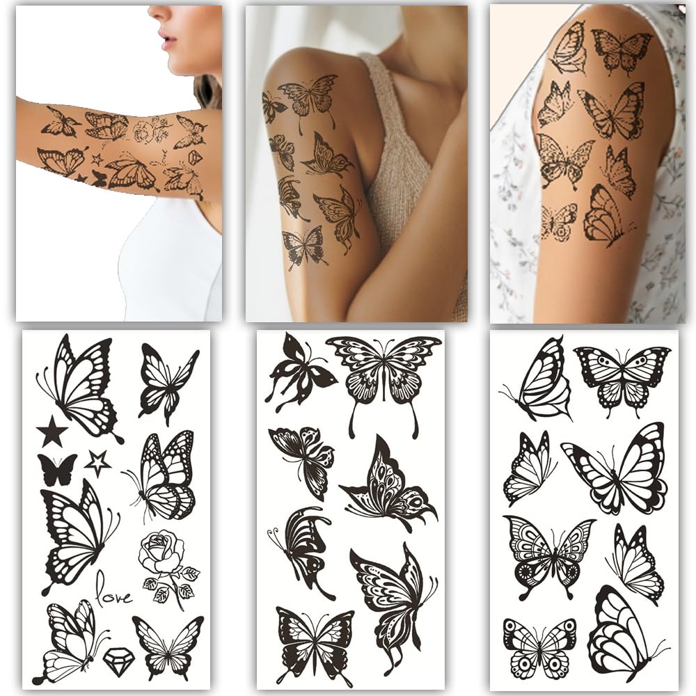 S.A.V.I 3 Sheets Large Butterfly Temporary Tattoos for Women – 21x10cm Black Waterproof, Safe & Non-Toxic Body Art Stickers – Long-Lasting Removable Shoulder, Arm & Back Designs