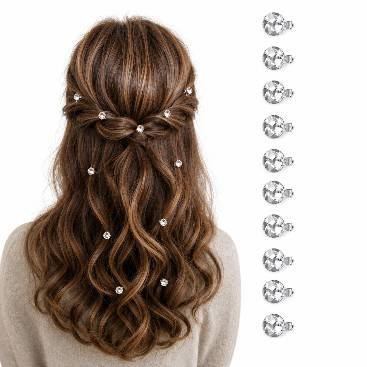 S.A.V.I Rhinestone Mini Hair Clips Set of 10 for Women & Girls | White Crystal Barrettes, 5 mm Size, Lightweight Metal, Secure Grip, Weddings & Parties
