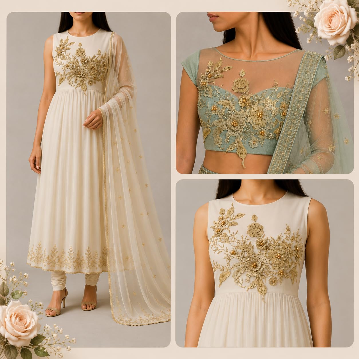 S.A.V.I Gold Floral Embroidery Patch Sew-On Applique 36x25 cm|DIY Lace Motif for Dresses, Blouses, Kurtas & Gowns, Mesh Base with Pearl Accents, Elegant Craft Embellishment, 1 Pc
