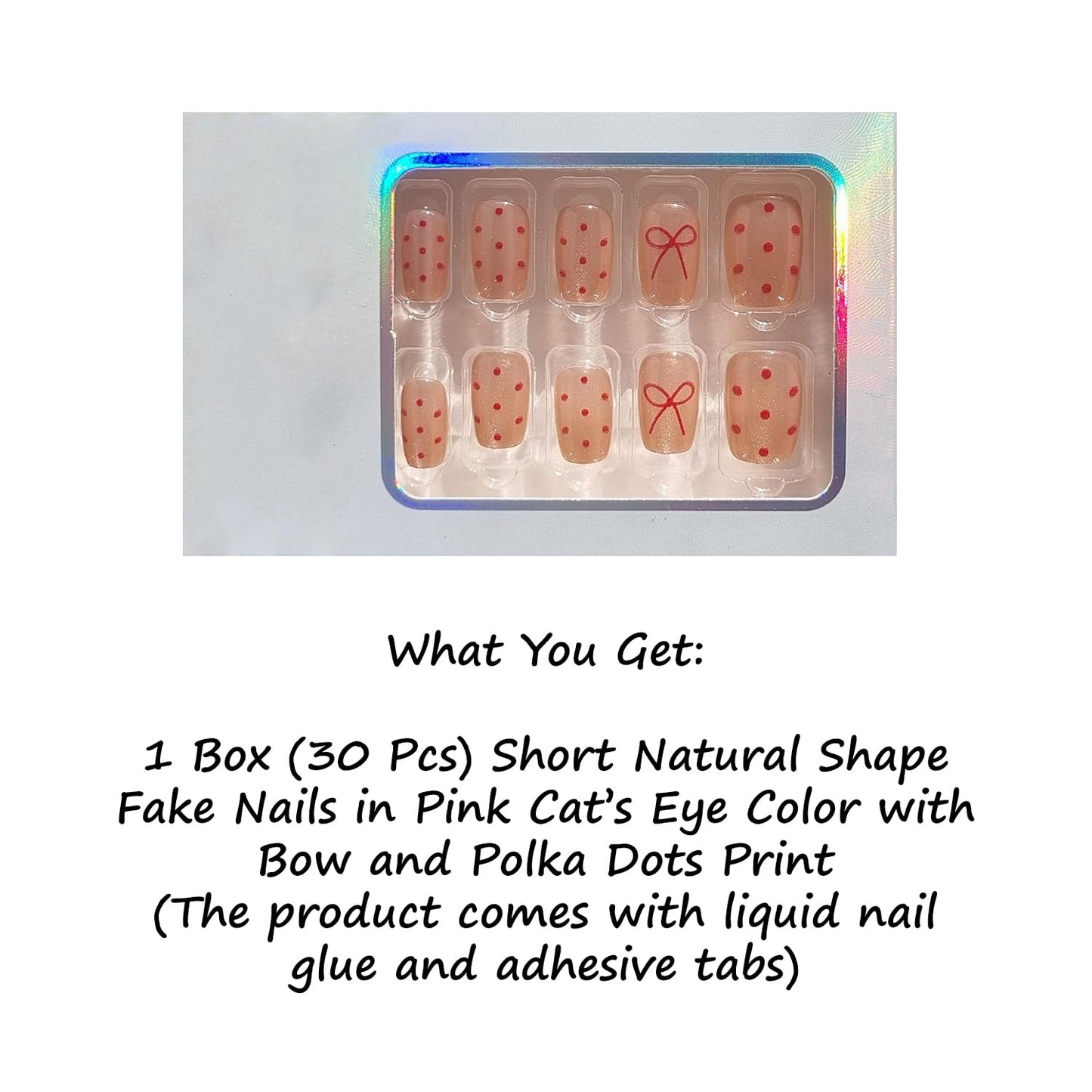 S.A.V.I Reusable Press-On Nails for Women, Short Natural Shape, Pink Cat Eye Finish with Red Polka Dots & Bow Design, Glossy ABS Manicure Set 30 Pcs with Glue & Adhesive Tabs
