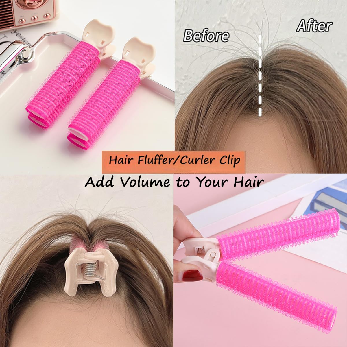 S.A.V.I 2 Pcs Pink Hair Root Volumizer Roller Clip Set for Women & Girls, Self-Grip Bangs Curler Puff Clips, Lightweight Hair Styling Tool for Fluffy Volume, Root Lift & Salon Look