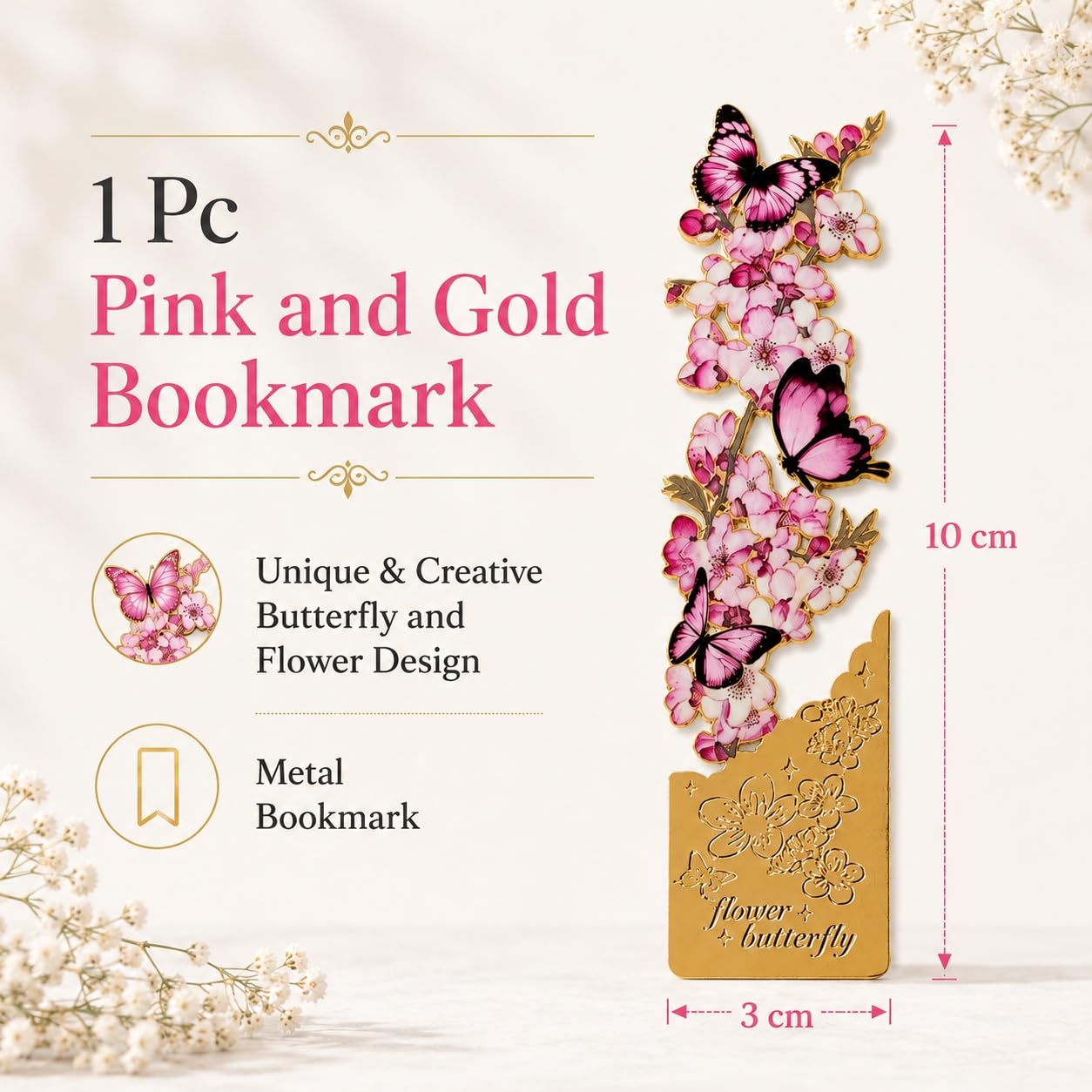 S.A.V.I Metal Bookmark Pink Gold Butterfly Floral Design, 10x3 cm | Durable Alloy, Page Holder, Reading Accessory, Peach Blossom Theme, For Women & Students